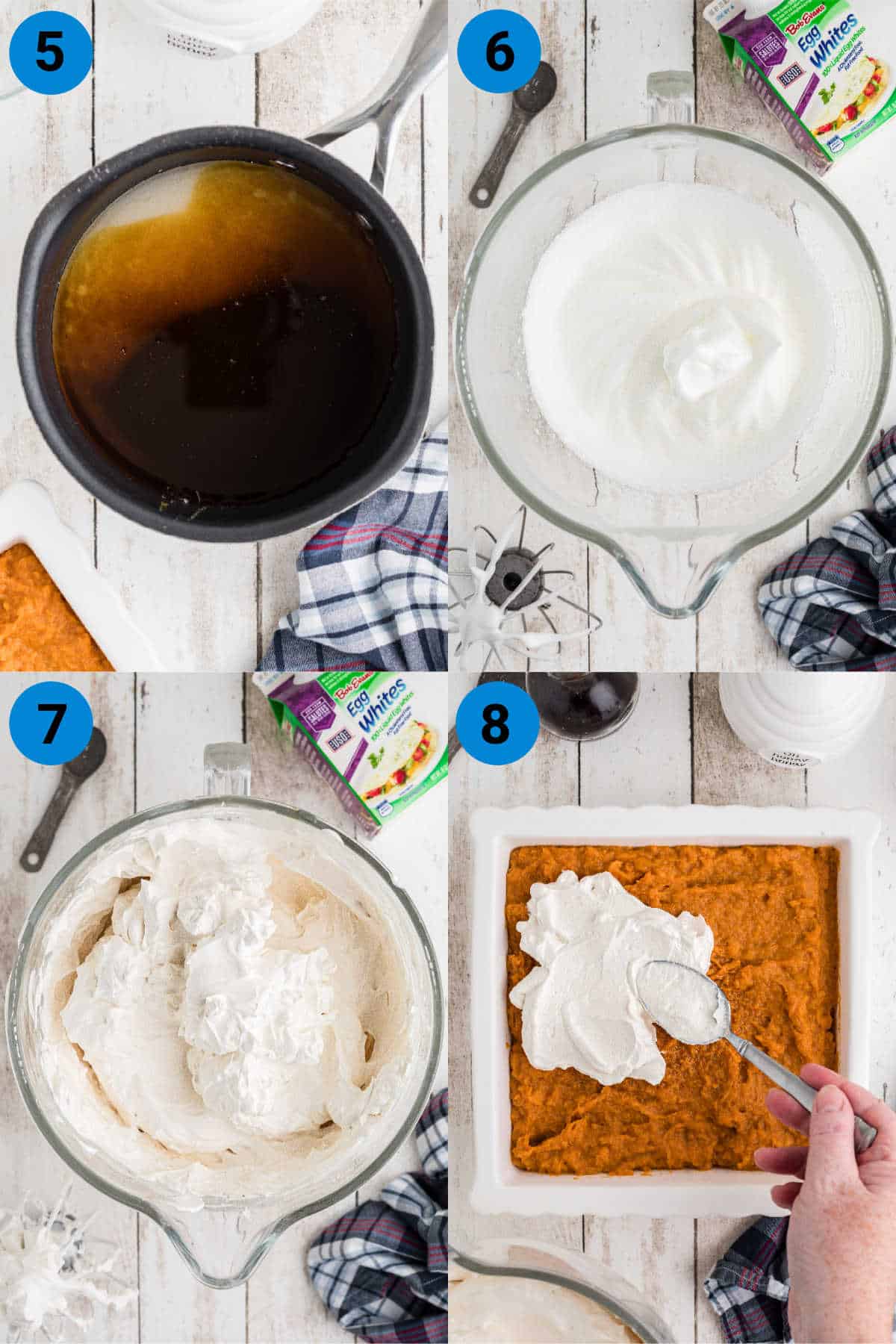 A collage of four images showing how to make sweet potato fluff, recipe steps 5-8.