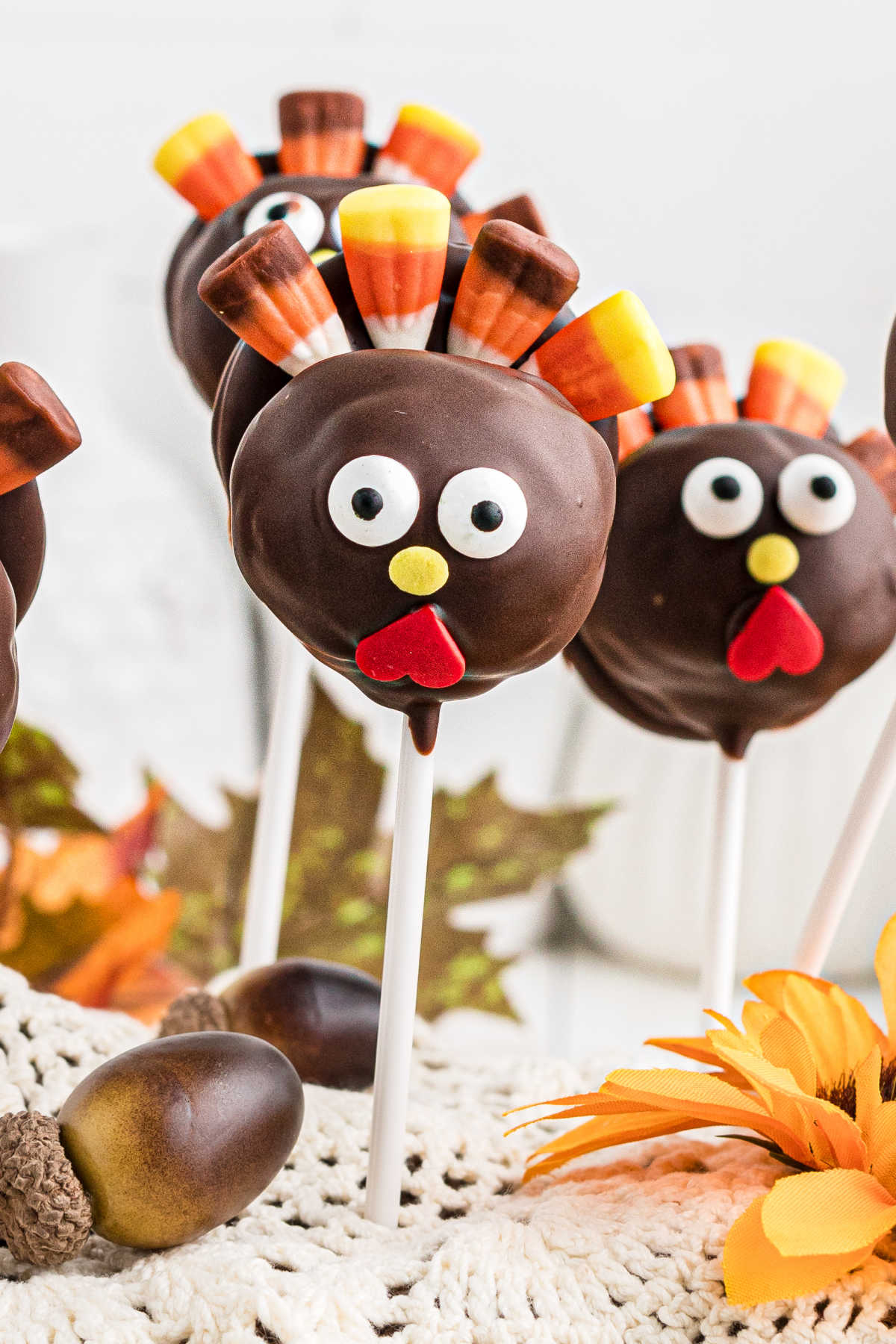 Close up of a Thanksgiving cake pop recipe, as a turkey.