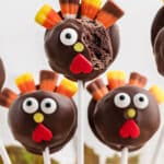 Close up shot of a Thanksgiving Cake Pop turkey with a bite taken out - with text overlay for Pinterest.
