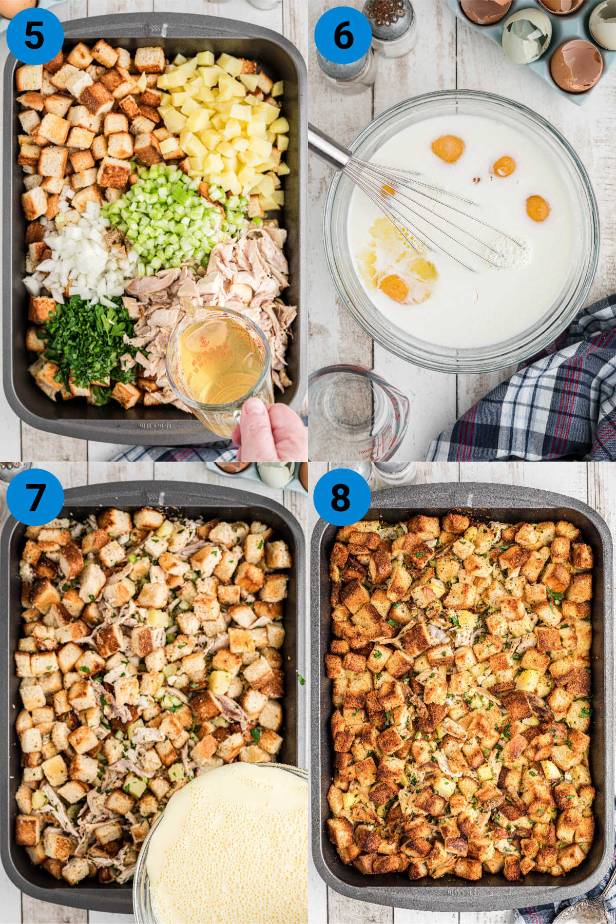A collage of four images showing how to make Amish Turkey Stuffing, steps 5-8.