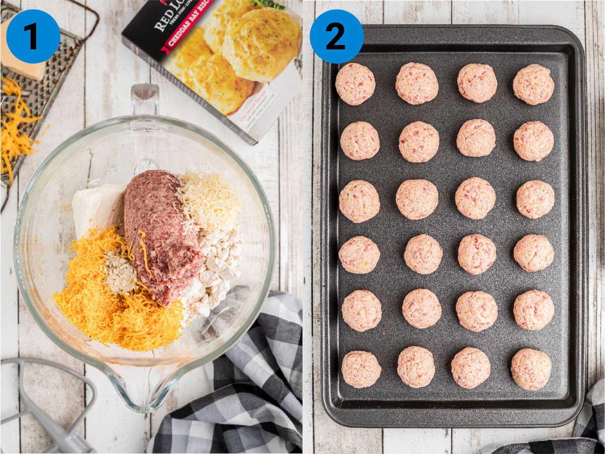 Collage of two images showing how to make cheddar bay sausage balls.