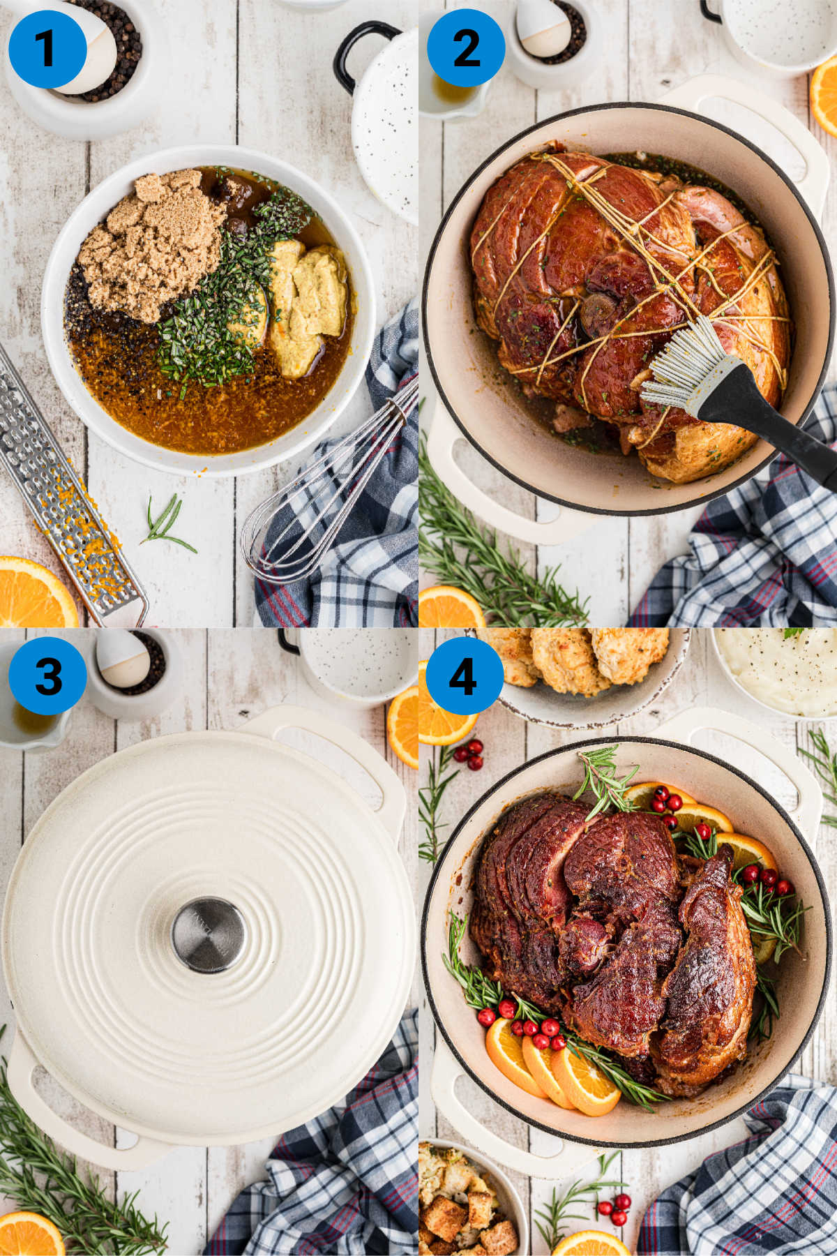 Collage of four images showing how to make a Dutch Oven Ham.