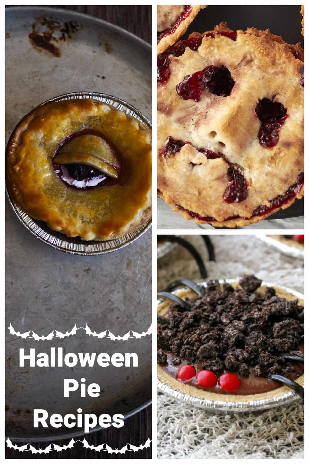 A collage of three images, showing halloween pies.