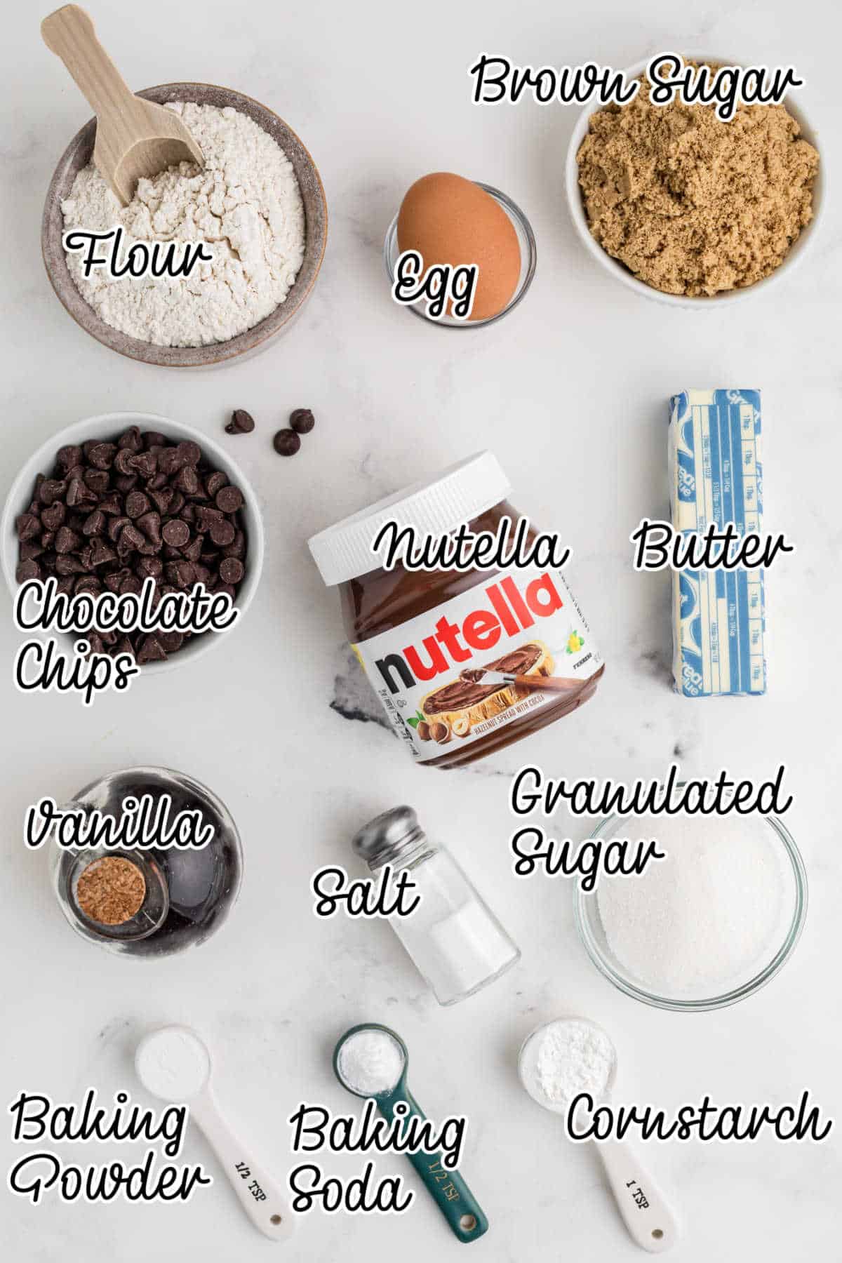 Ingredients needed to make Nutella brownie cookies.