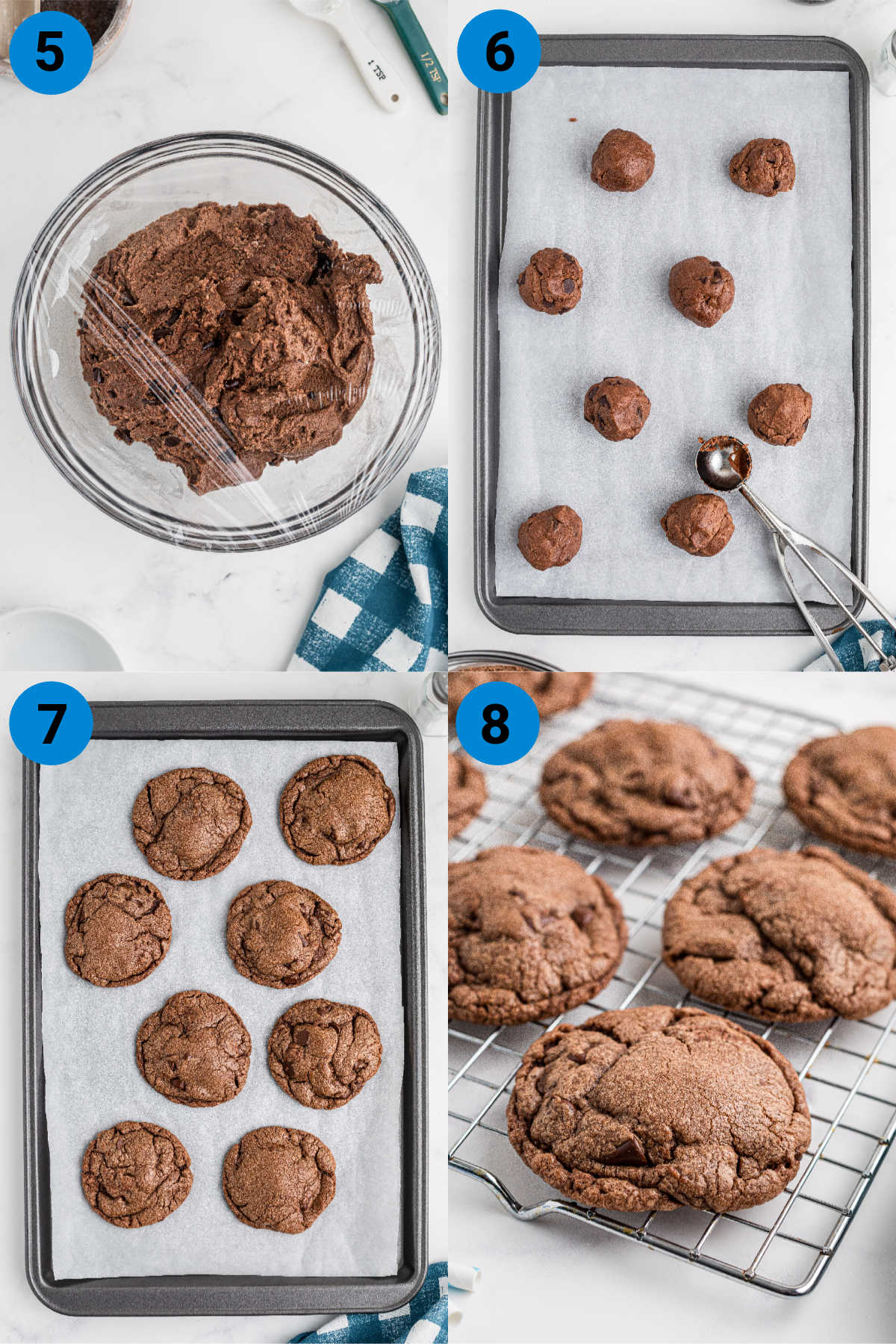 Collage of four images showing how to make Nutella brownie cookies. Steps 5-8.