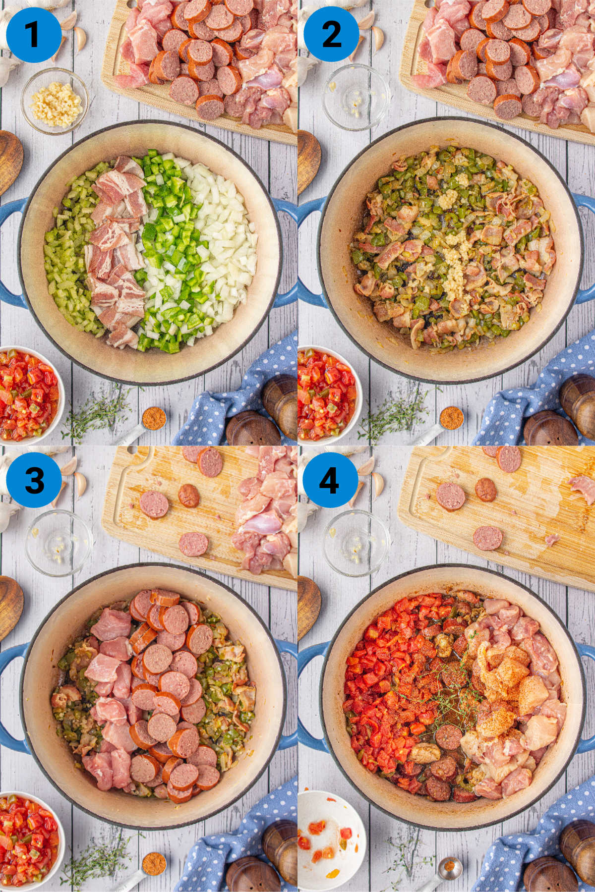 A collage of four images showing how to make a Louisiana Jambalaya pasta.