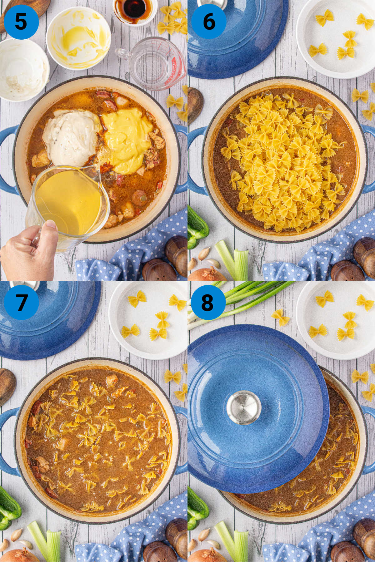 A collage of four images showing how to make a Cajun Pastalaya.