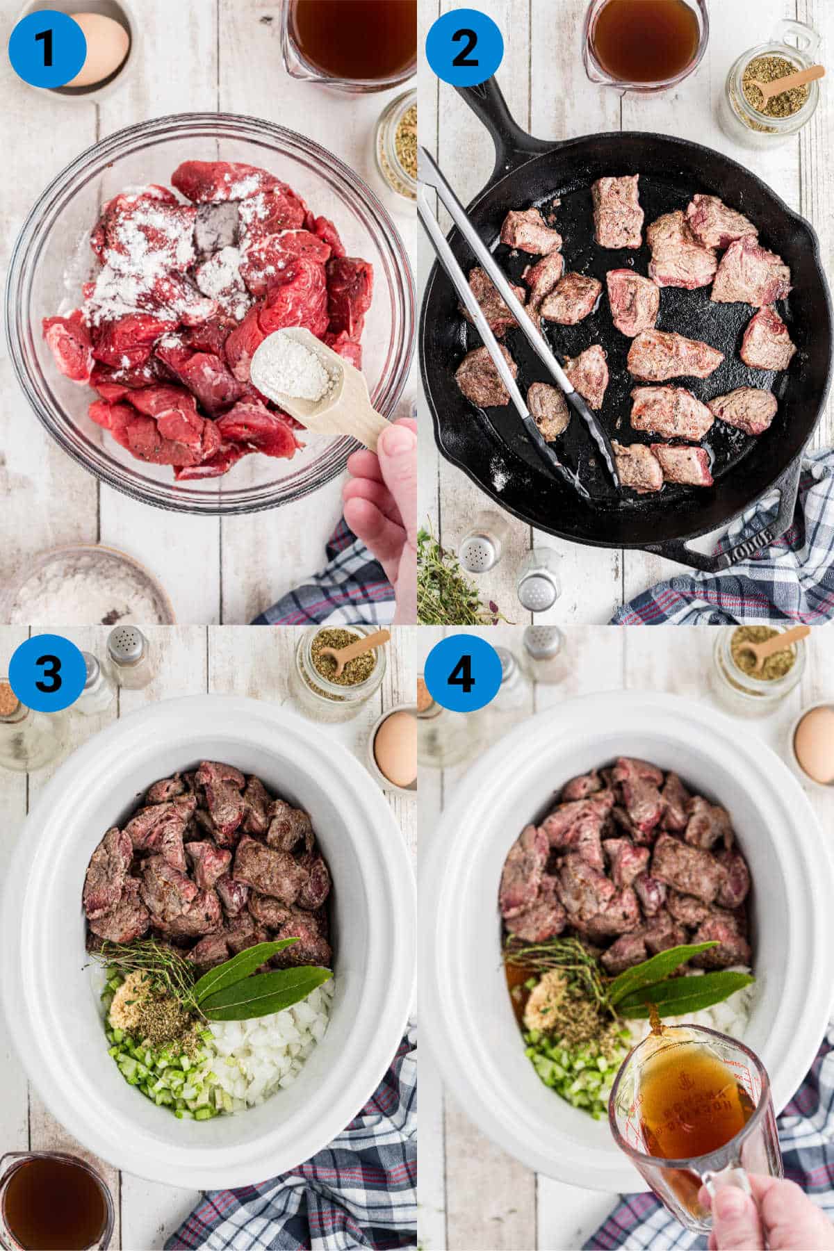 Collage of four images showing how to make a slow cooker steak pie, steps 1-4.