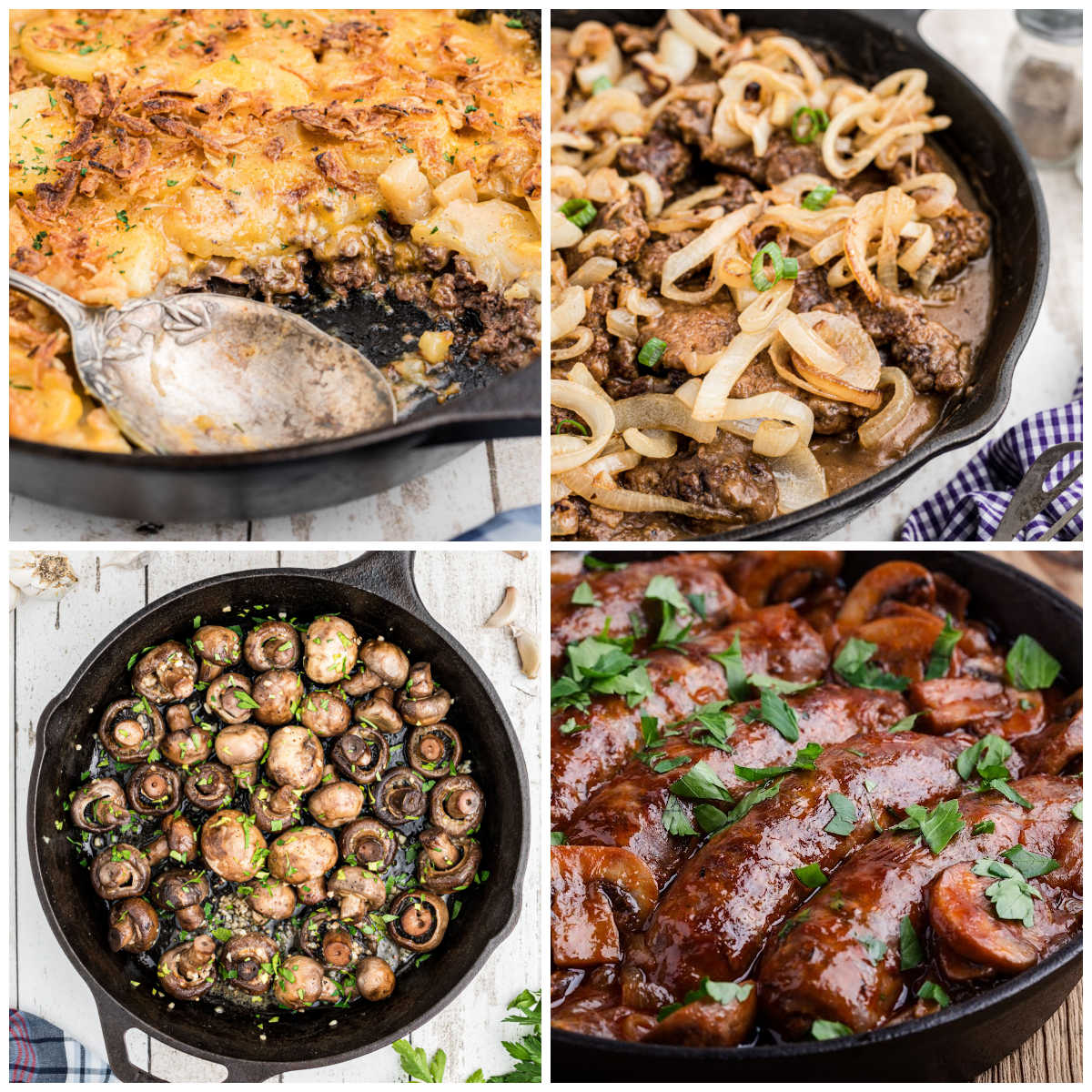 A collage of four images showing southern cast iron recipes.