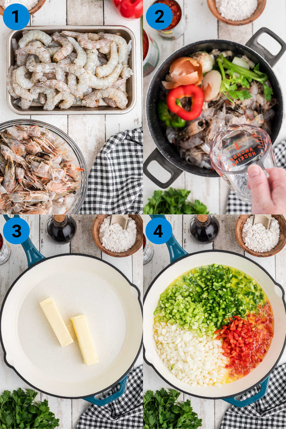 A collage of four images showing New Orleans Shrimp Creole Recipe Steps 1 through 4.