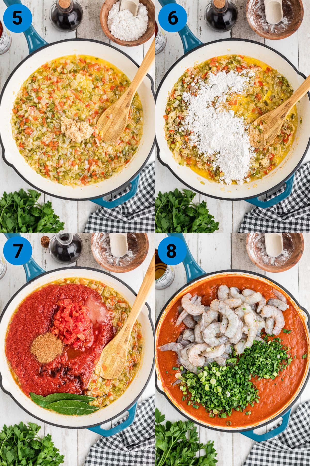 A collage of four images showing how to make New Orleans Shrimp Creole recipe steps 5 through 8.