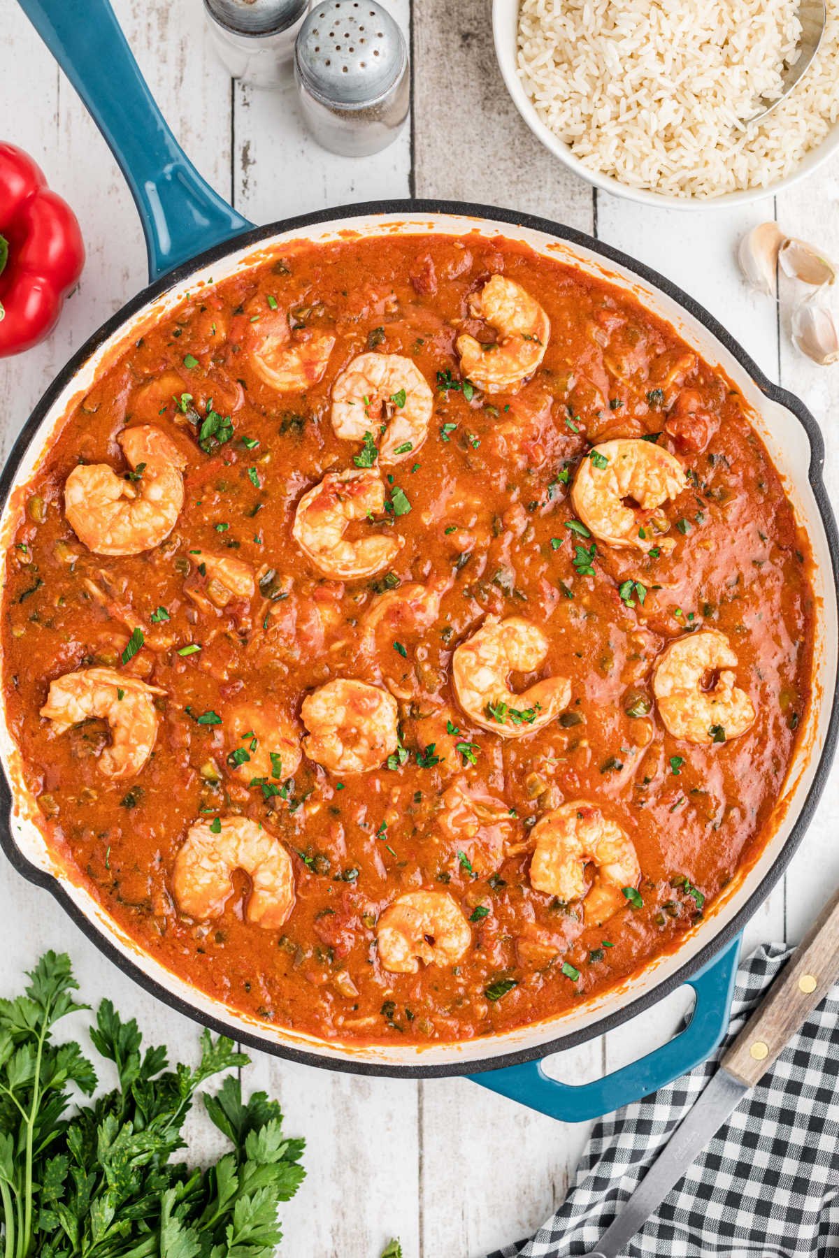 Overhead shot of a skillet full of New Orleans Shrimp Creole.