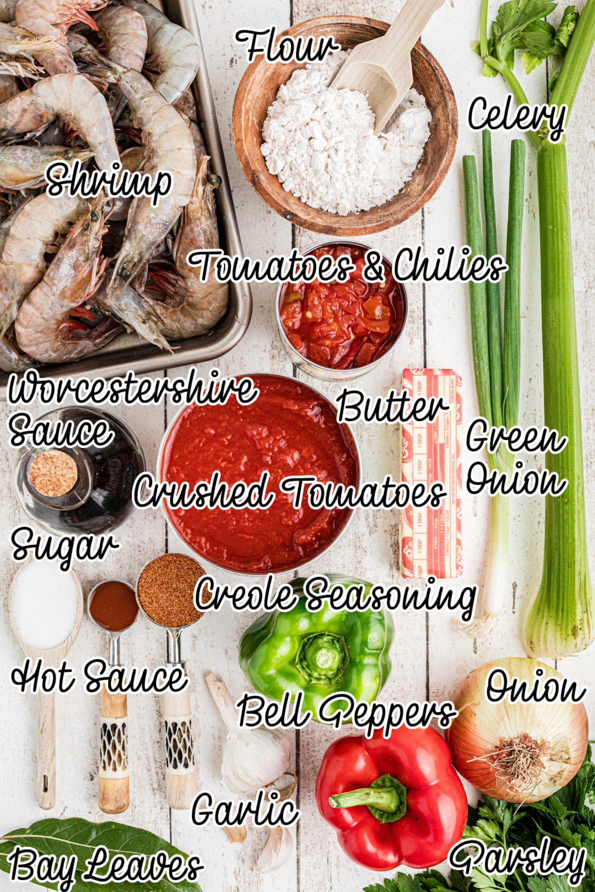 Ingredients needed to make a New Orleans Shrimp Creole with text overlay.
