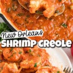 Long image of New Orleans Shrimp Creole with text overlay for Pinterest.