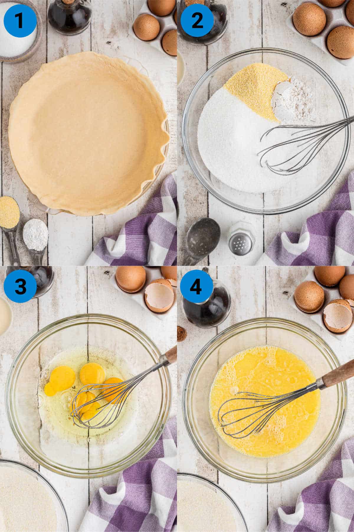 A collage of four images showing how to make old fashioned chess pie.