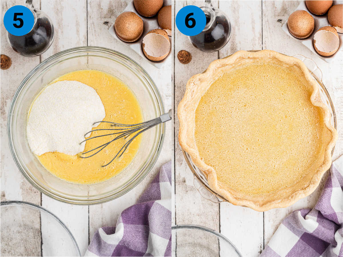 A collage of two images showing how to make old fashioned chess pie.