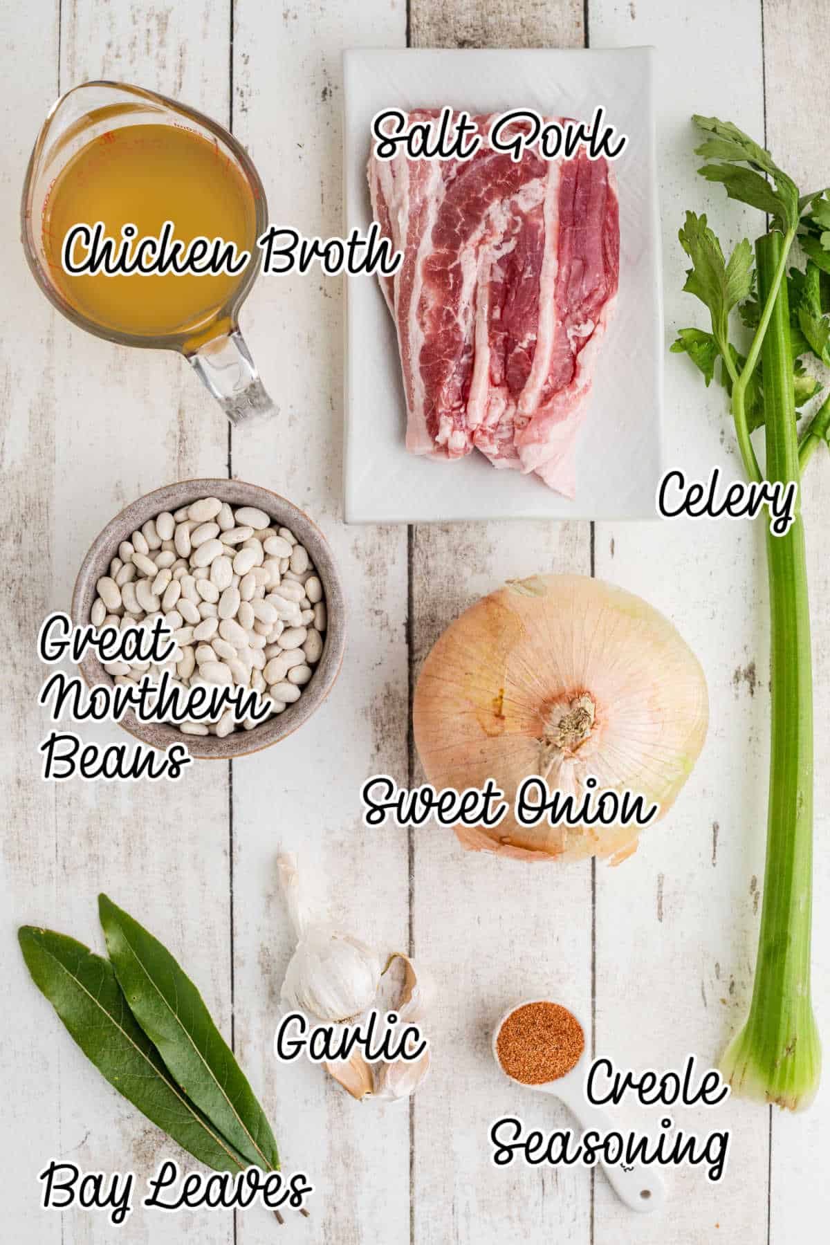 Ingredients needed to make a southern great northern beans recipe, all laid out with text overlay.