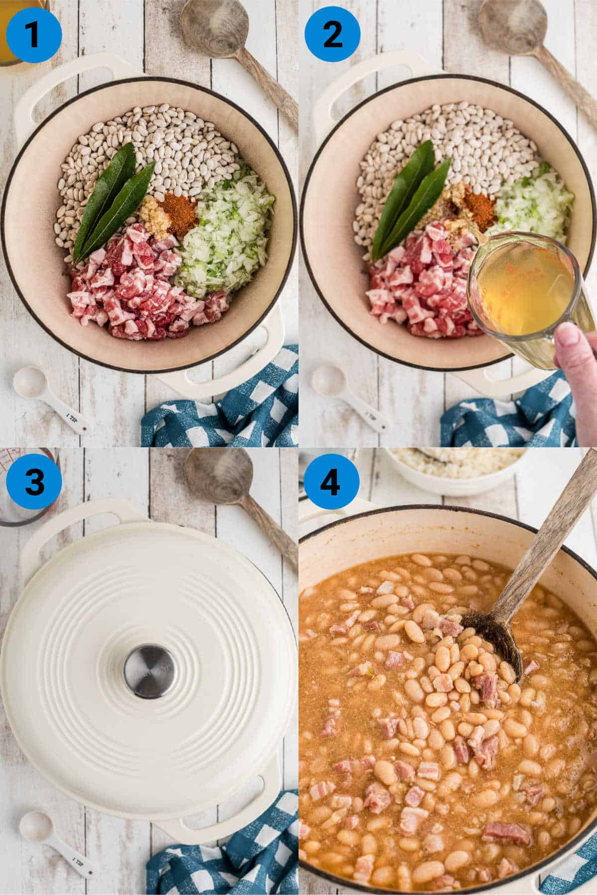 A collage of four images showing how to make southern great northern beans recipe.