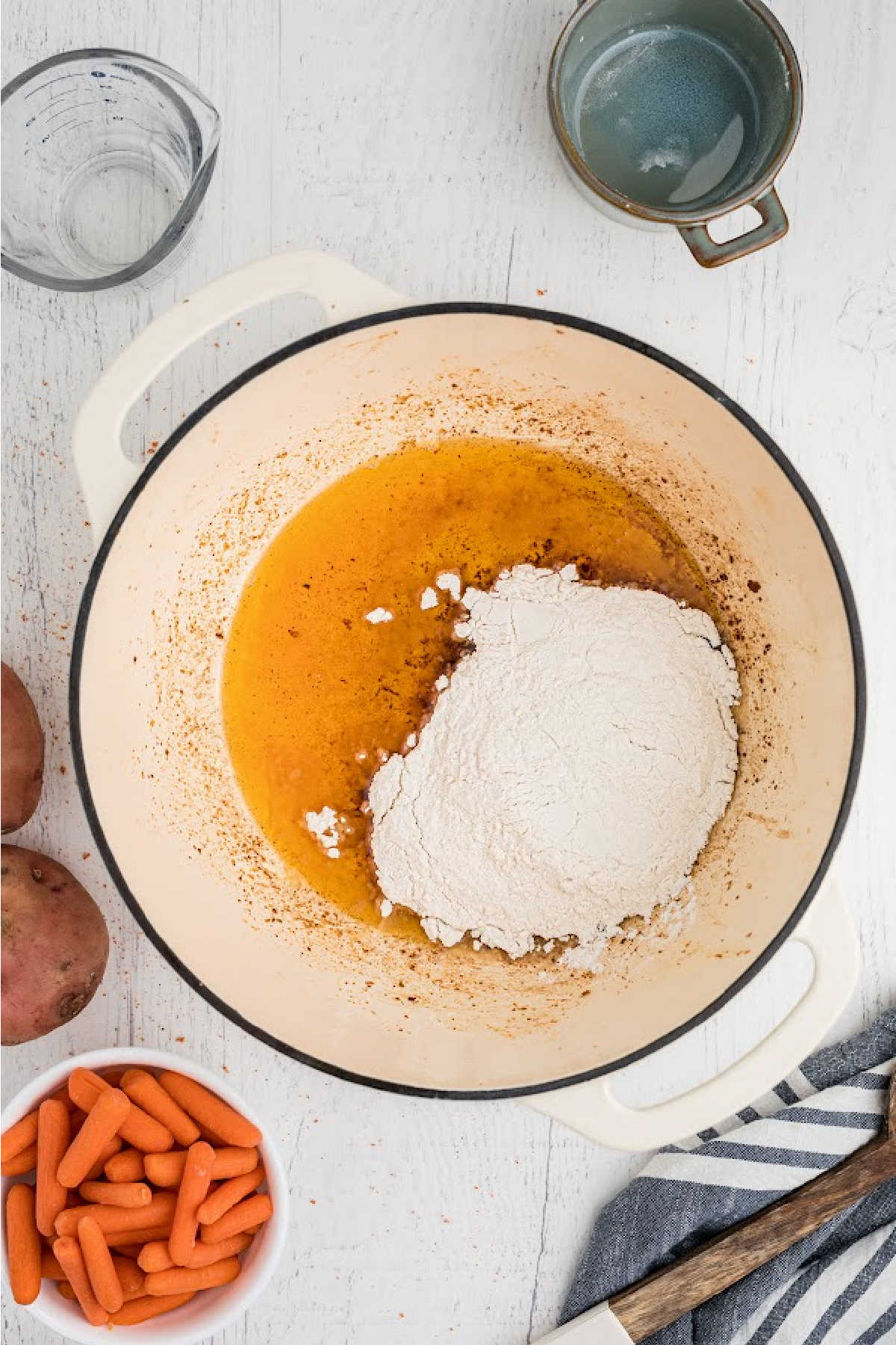 Flour added to a pot with grease.