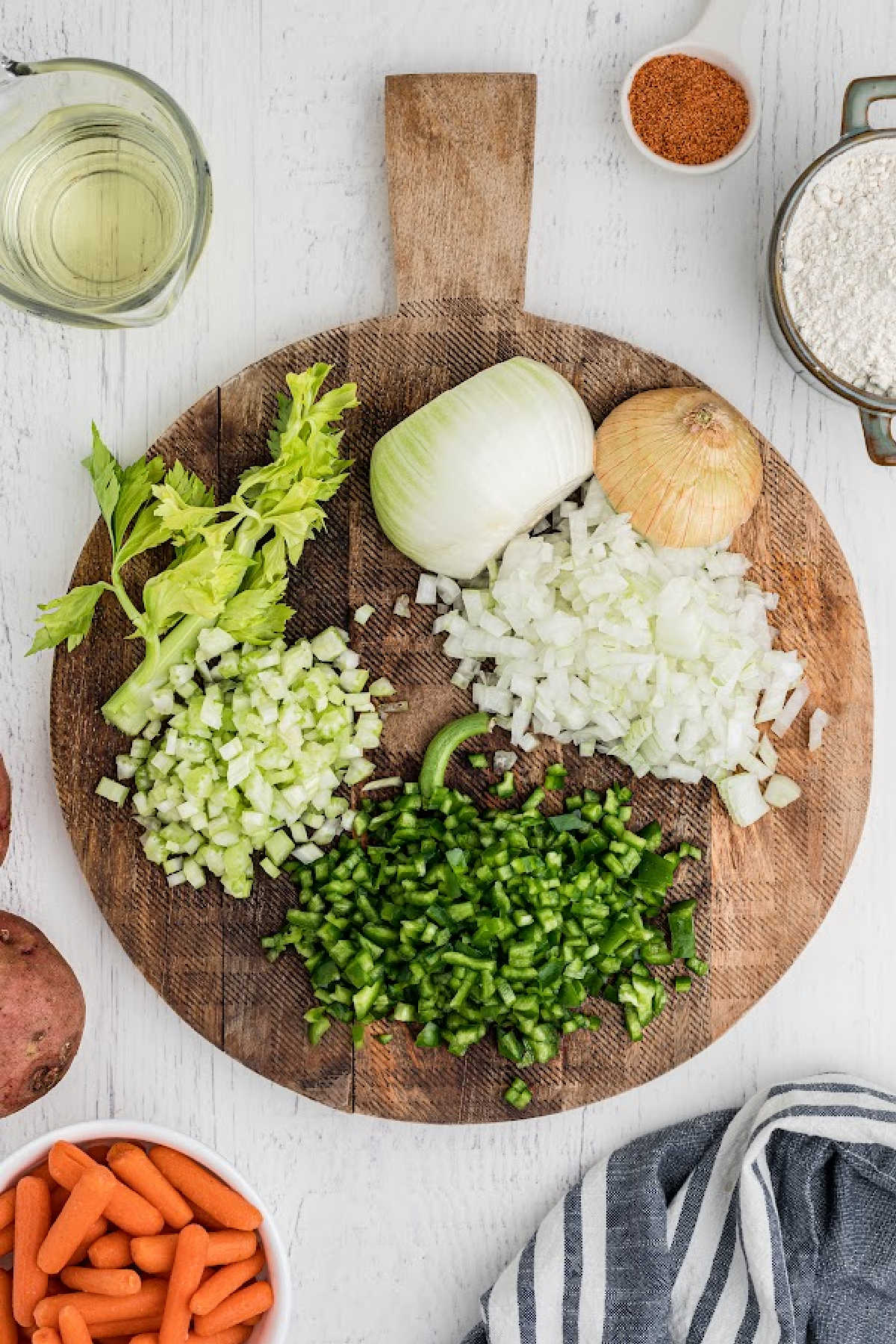 Diced vegetables on a chopping board.