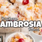 Long image with two shots showing southern ambrosia, one close up, the other a serving - with text overlay for pinterest.
