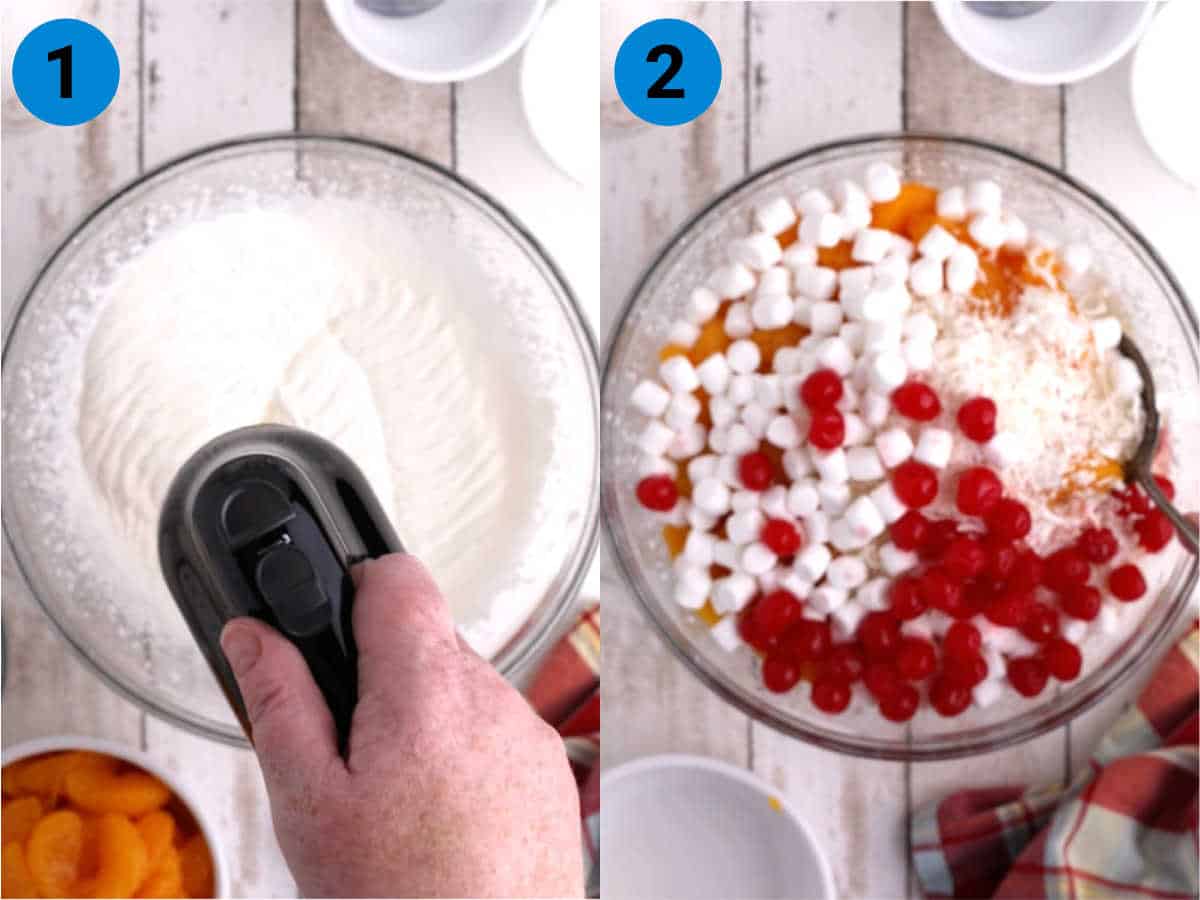 Two images showing how to make Southern Ambrosia Salad.
