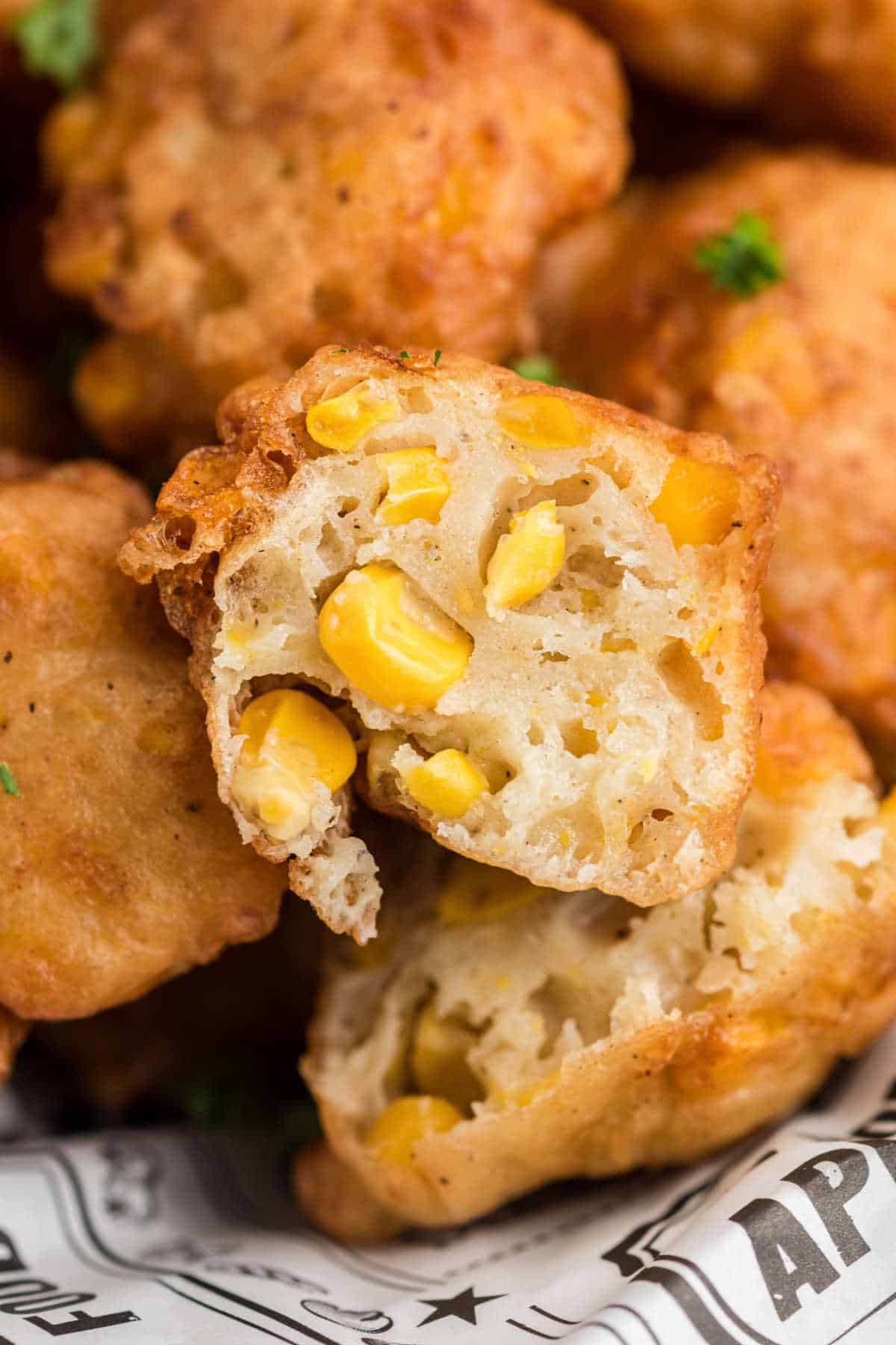 Close up shot of the inside of a crispy corn nuggets recipe.