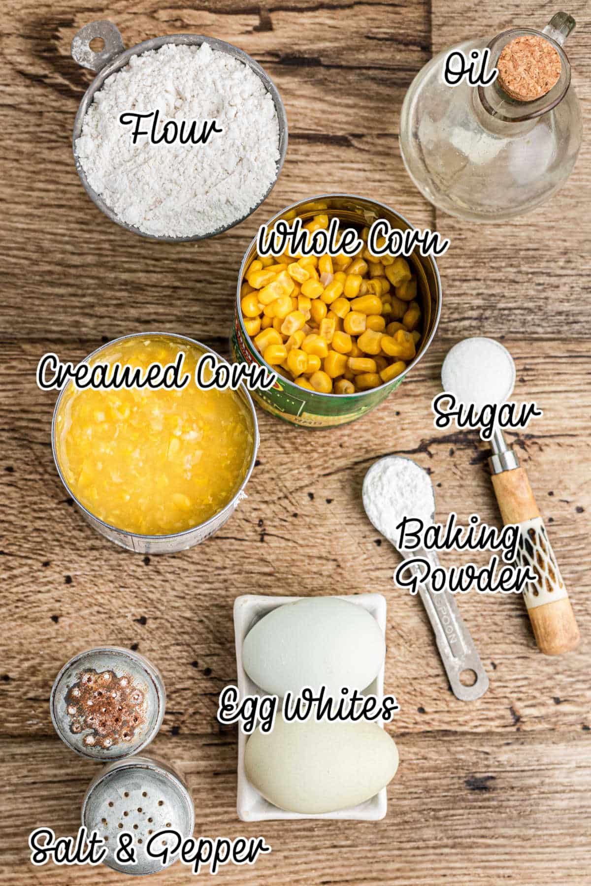 Over head shot of ingredients needed to make homemade corn nuggets.