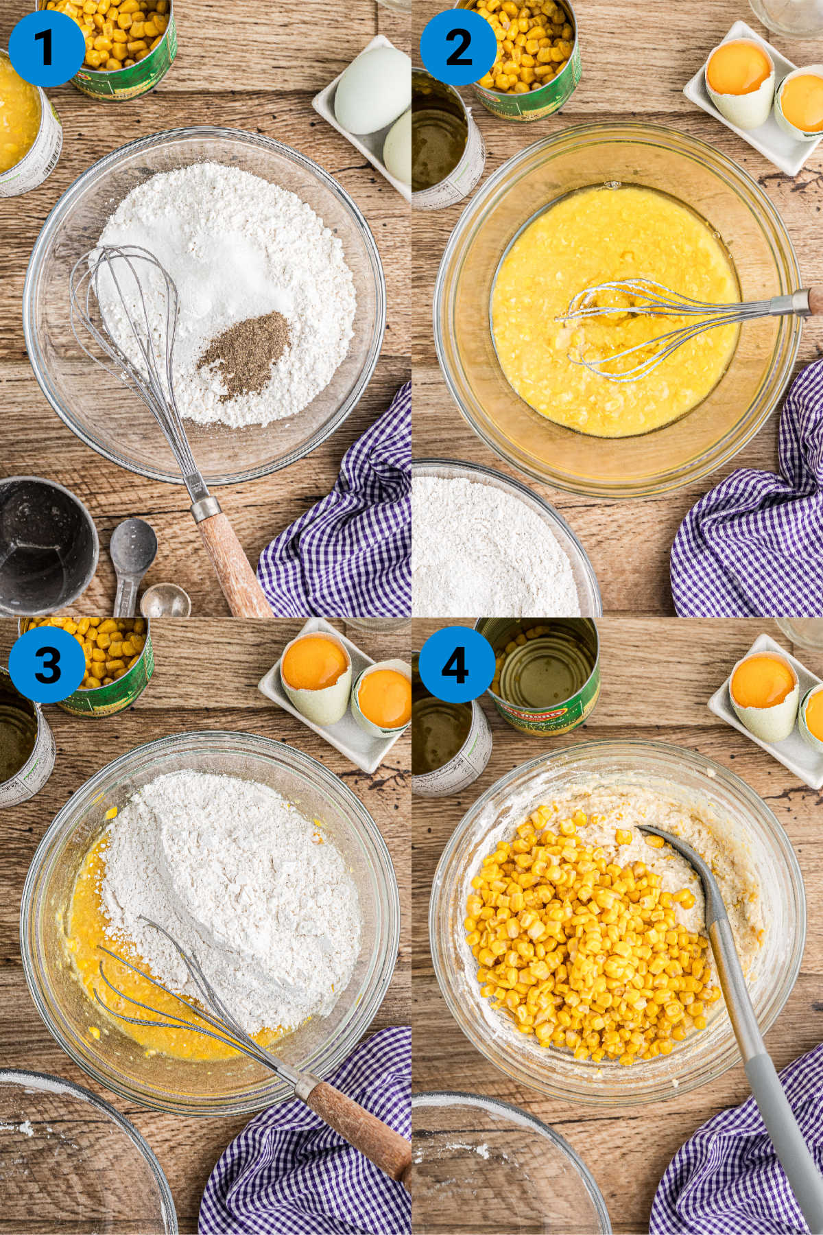 A collage of four images showing how to make homemade corn nuggets.