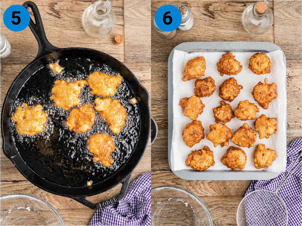 Collage of two images showing a homemade corn nuggets recipe.