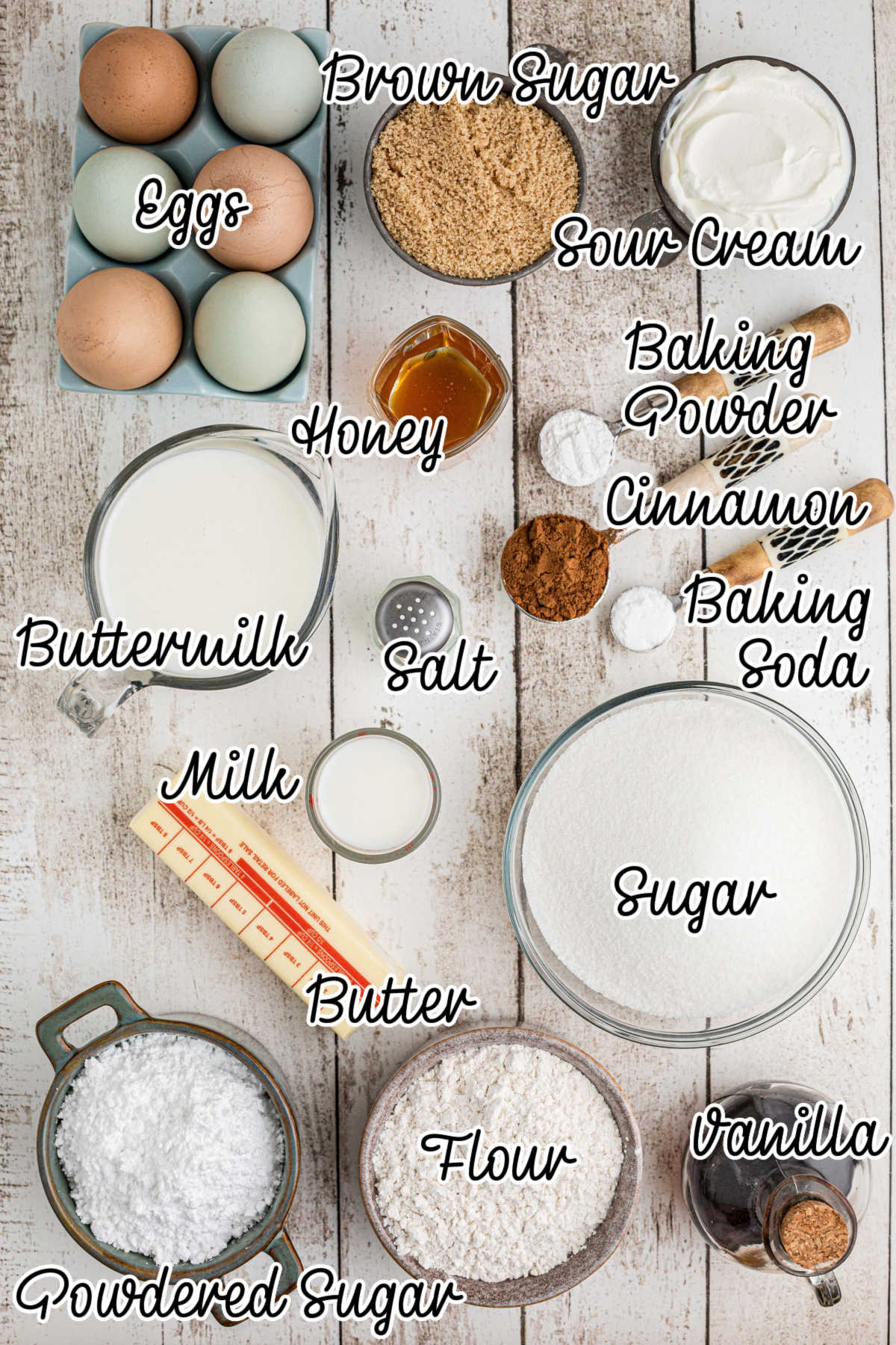 Overhead ingredients image of how to make a honey bun cake recipe from scratch, with text overlay.
