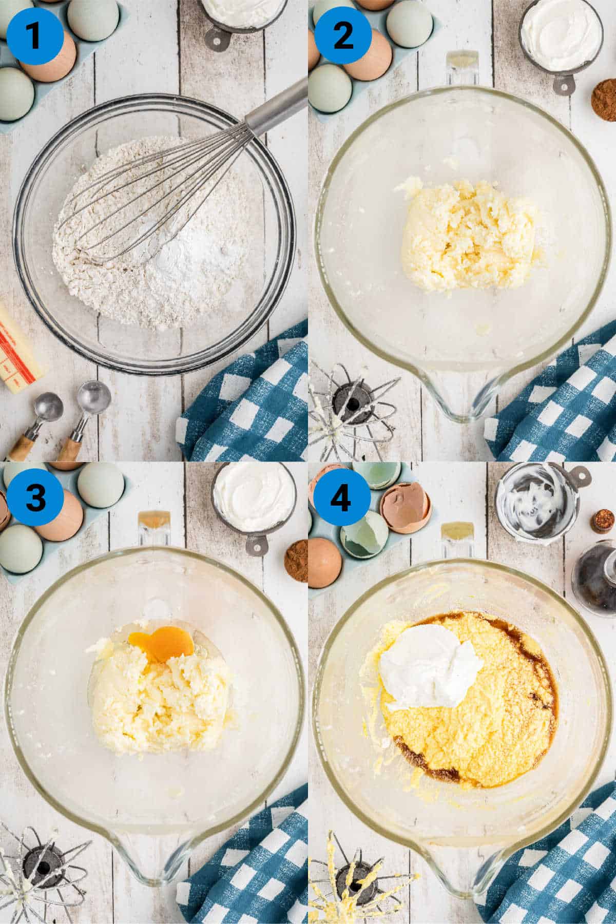 A collage of four images showing how to make a honey bun cake recipe from scratch, steps 1 through 4.