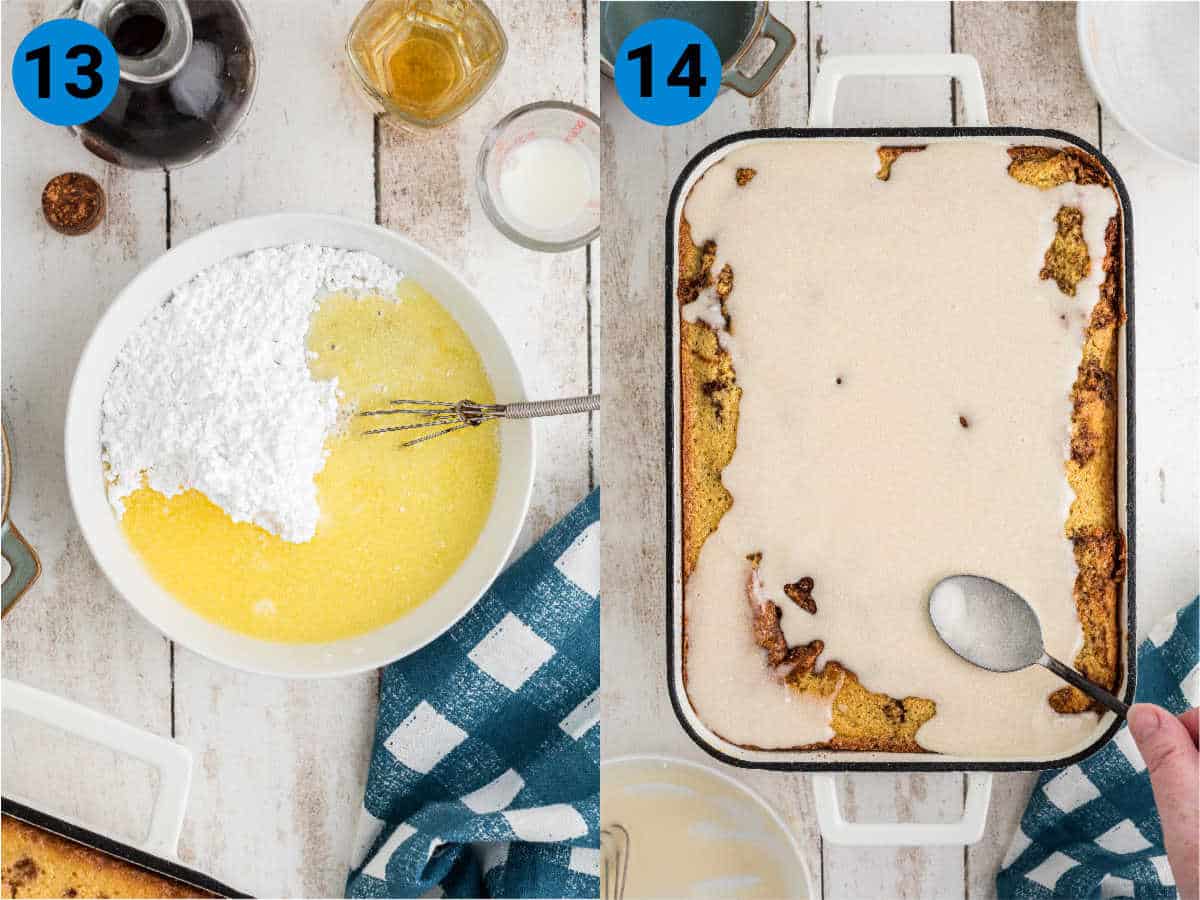 Collage of 2 images showing how to make a honey bun cake recipe from scratch, steps 13 to 14.