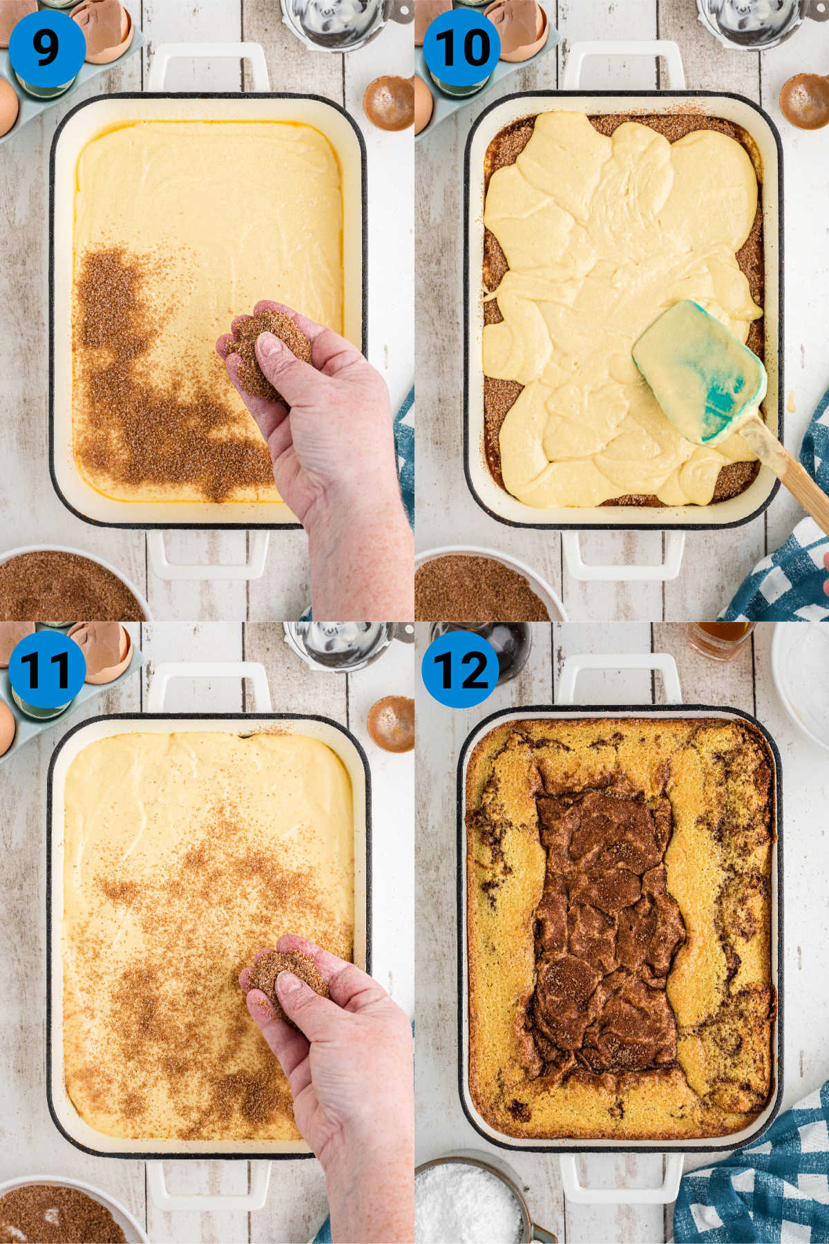 A collage of four images showing how to make a honey bun cake recipe from scratch, steps 9 through 12.