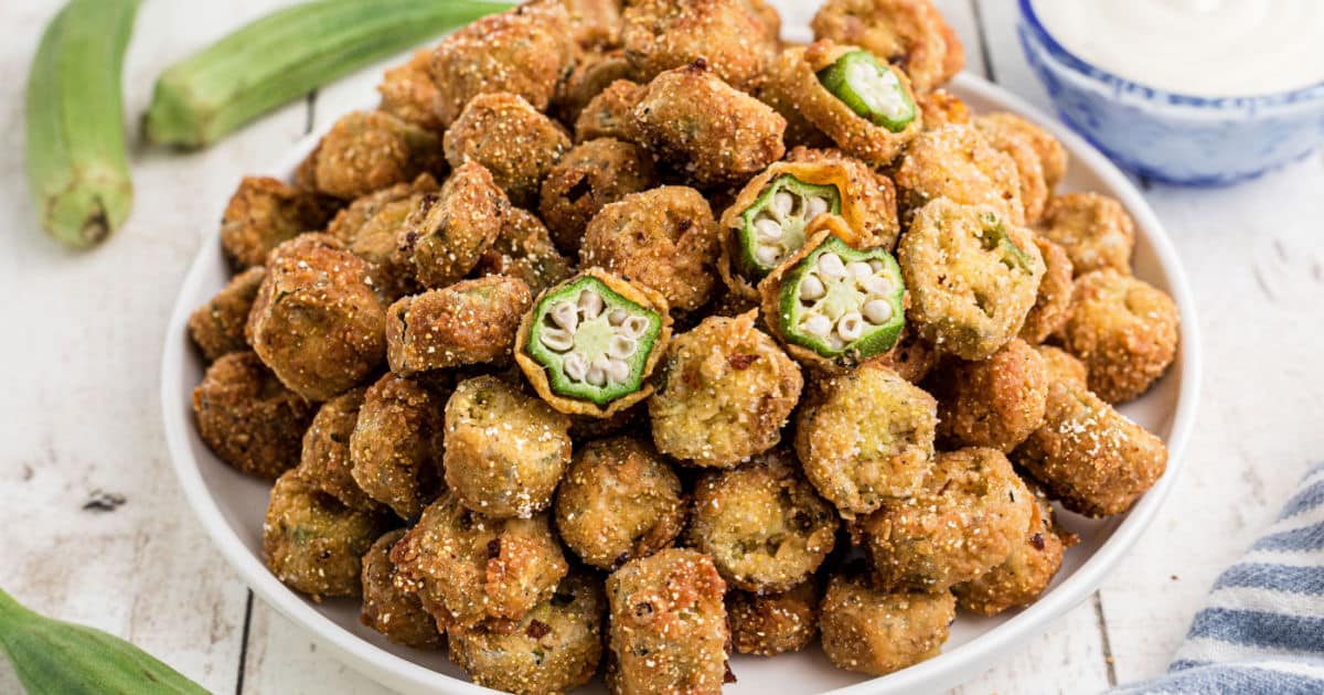 Close up of some fried okra on a plate.