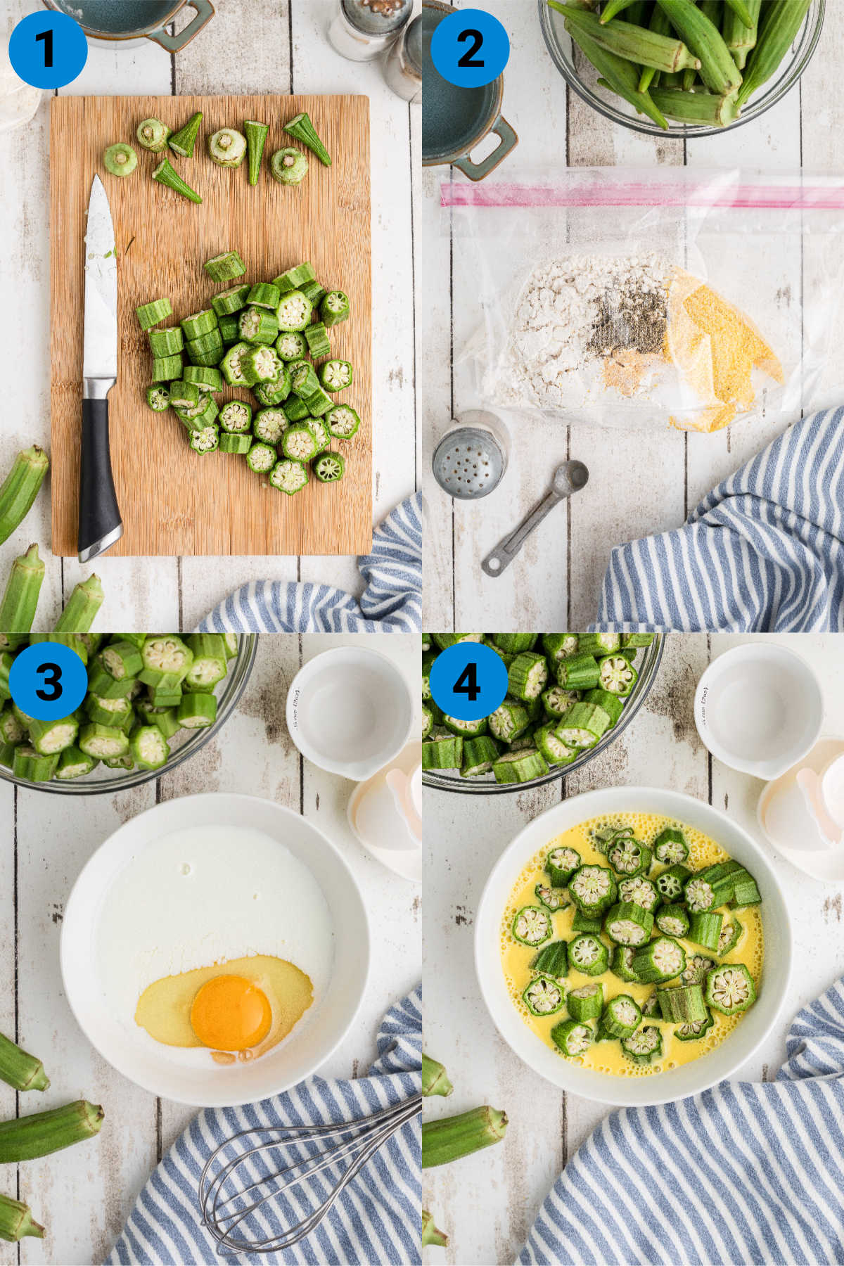 A collage of four images showing how to make old fashioned pan fried okra.