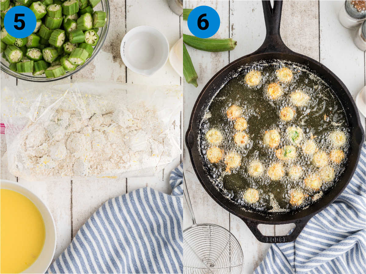 A collage of two images showing how to make pan fried okra.