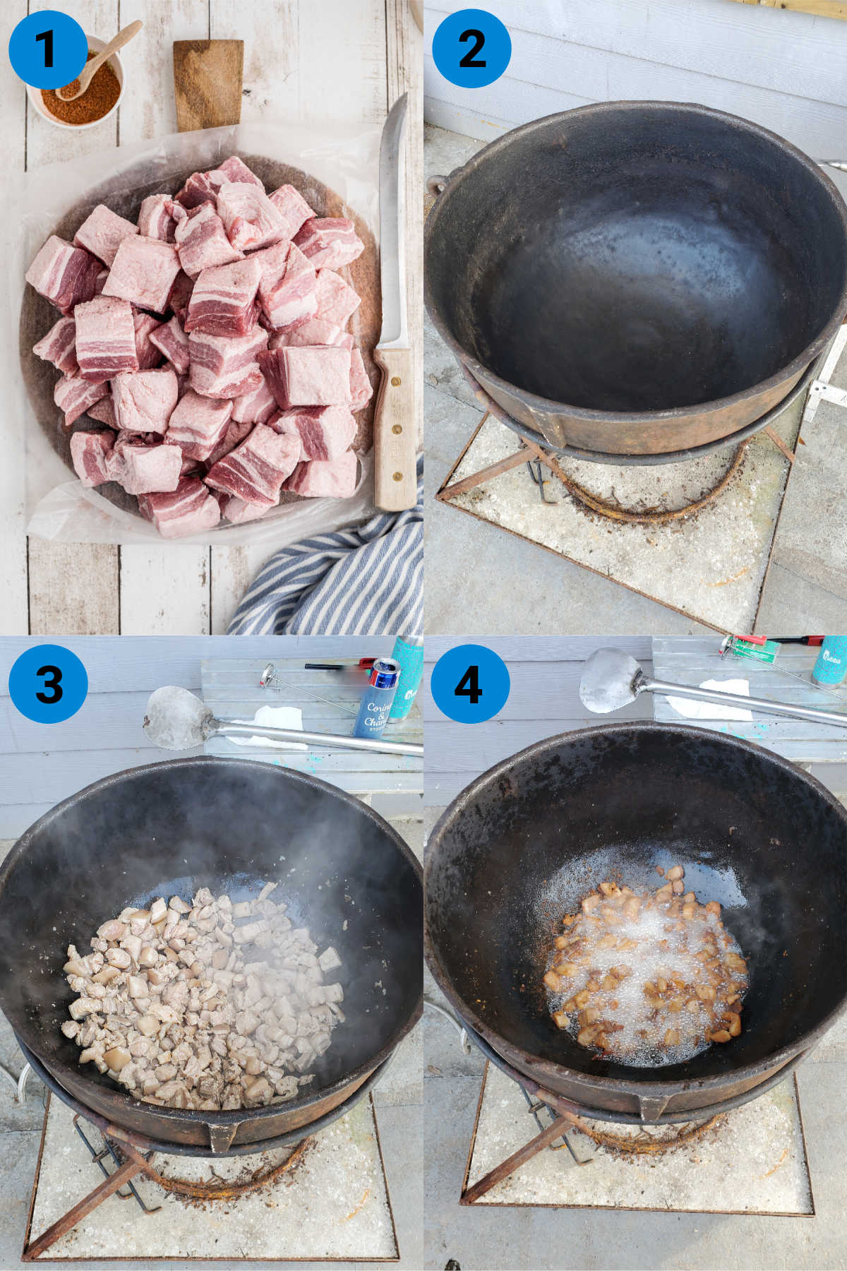 A collage of four images showing how to make homemade pork cracklins.