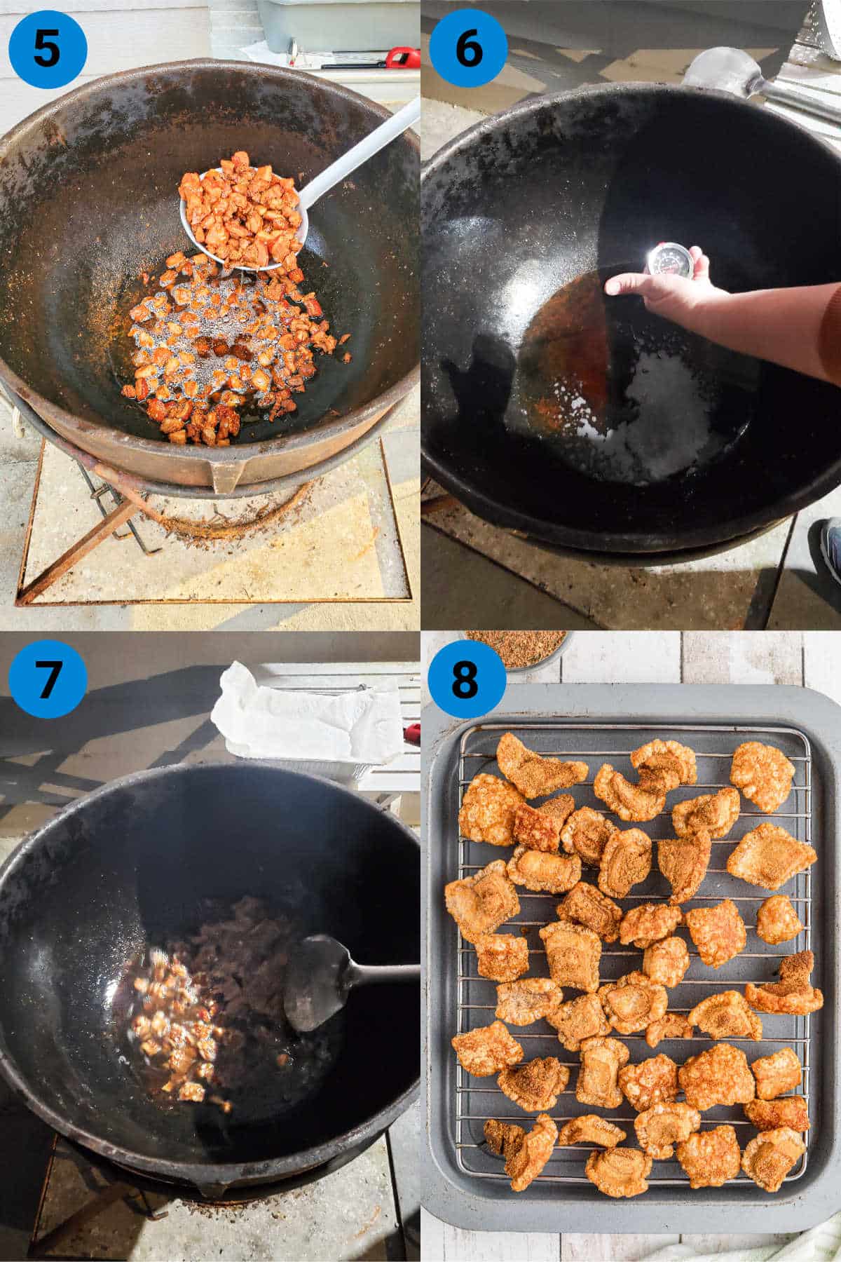 A collage of four images showing how to make homemade cracklins recipe steps 5 through 8.