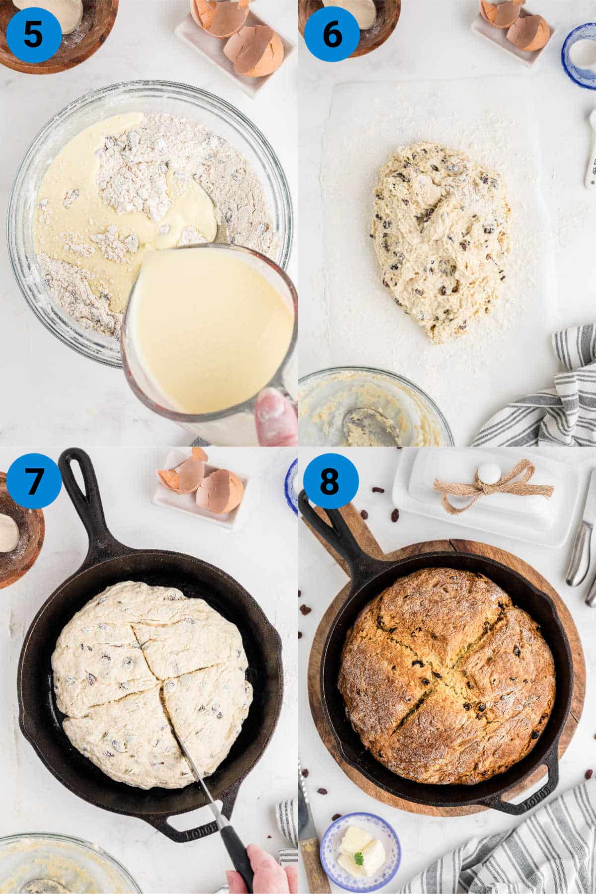A collage of four images showing how to make a quick Irish soda bread recipe, steps 5-8.