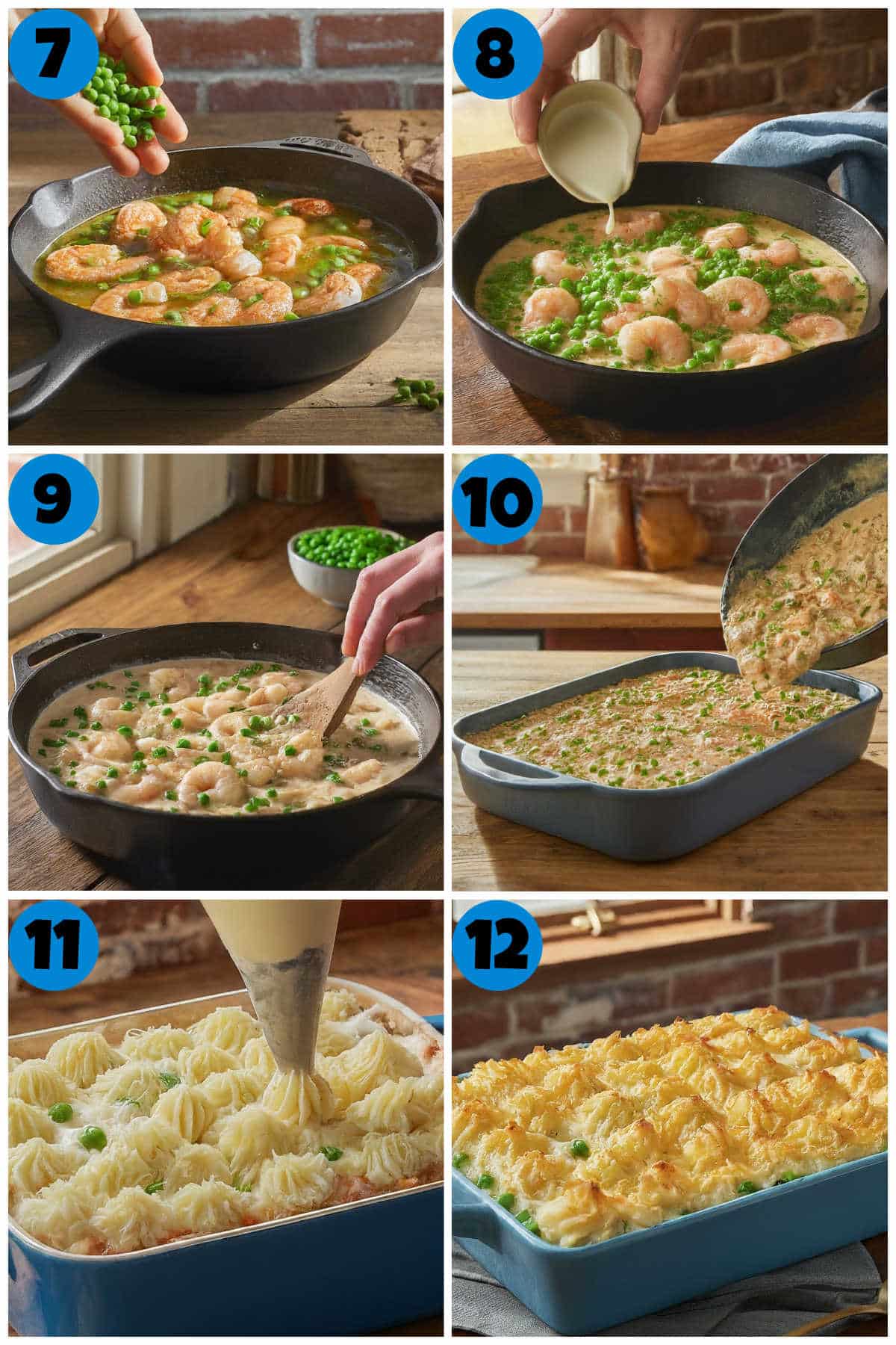 A collage of 6 images showing how to make Fishermans Pie. Recipe Steps 7 through 12.
