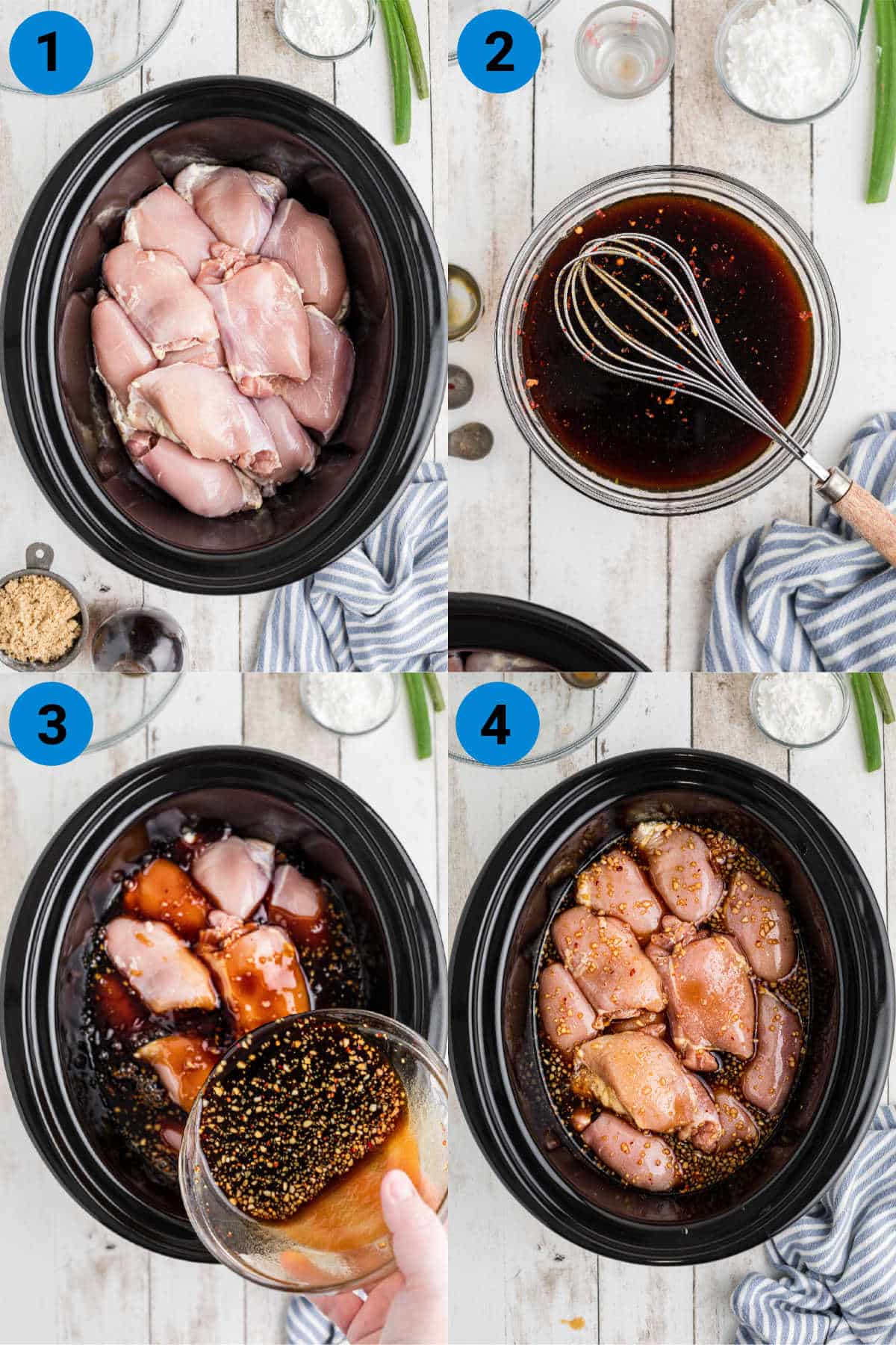 A collage of four images showing how to make crock pot bourbon chicken, steps 1 through 4.