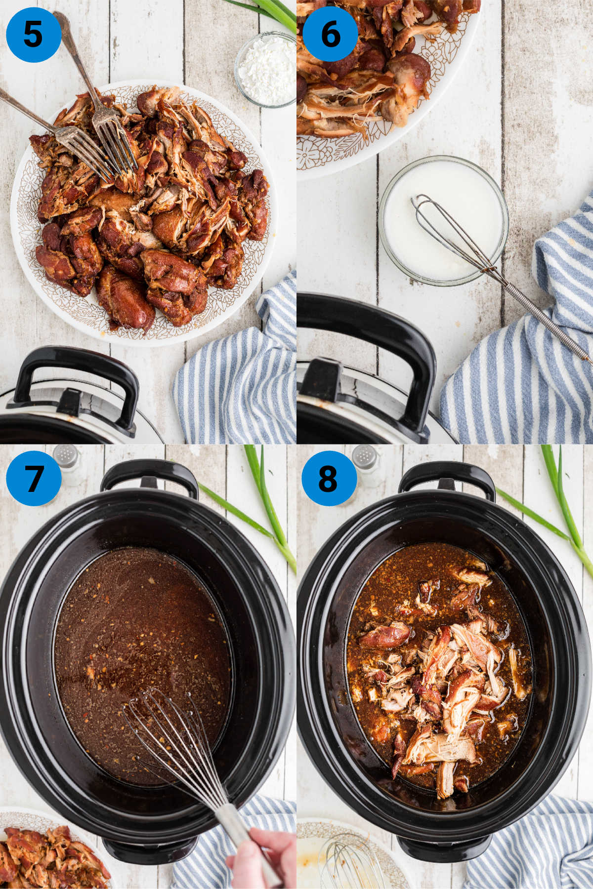 A collage of four images showing how to make a crock pot bourbon chicken recipe, steps 5 through 8.