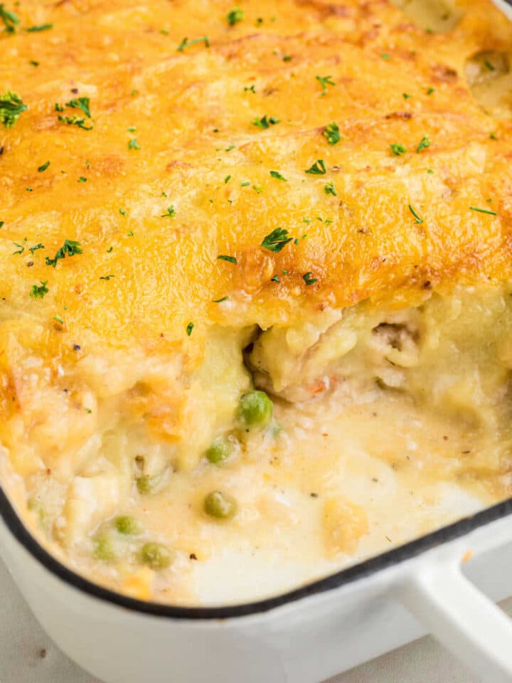 Close up shot of the inside of a dish with Fisherman's Pie.