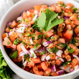 Close up of a bowl of salsa fresca with a leaf of cilantro on top.
