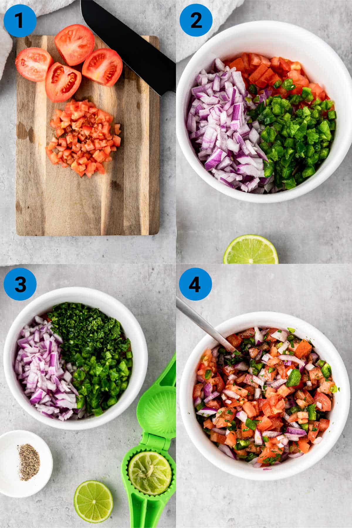A collage of four images showing how to make a salsa fresca recipe.