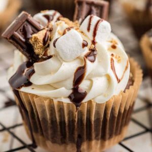 Close up of a s'mores cupcake.