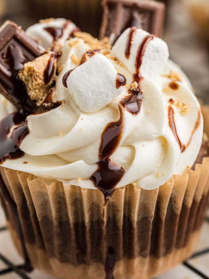 Close up of a s'mores cupcake.