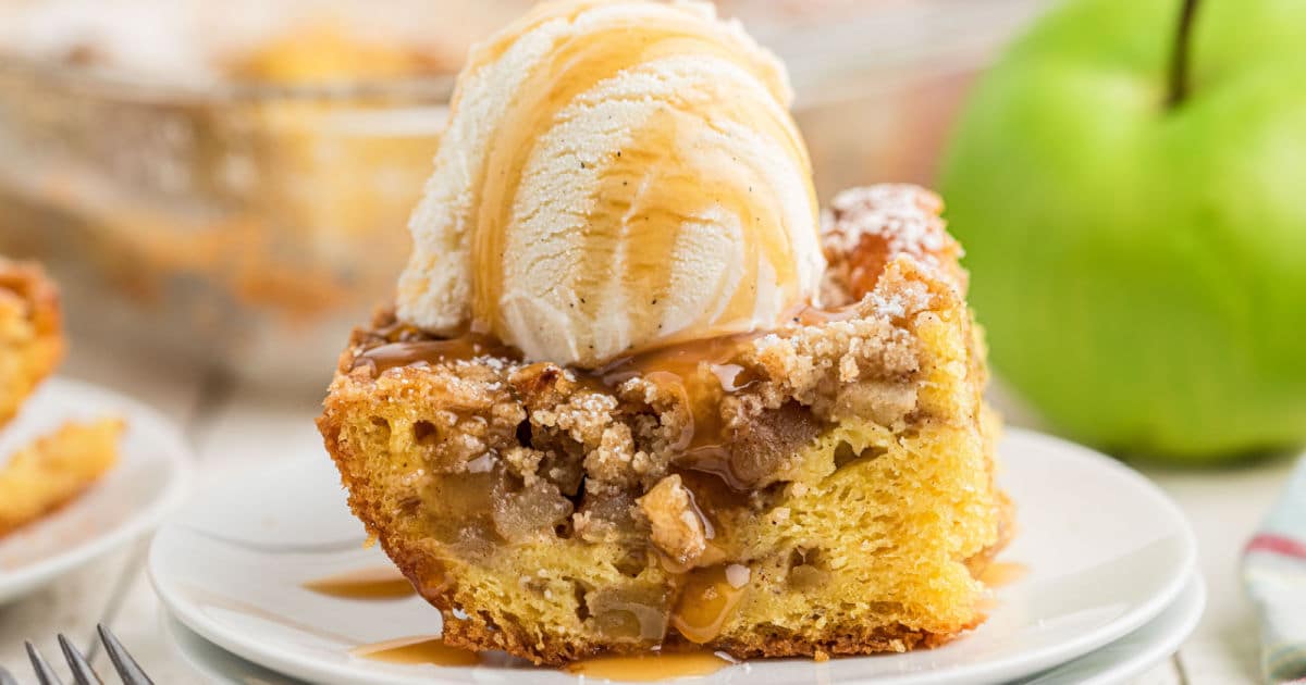 A slice of apple pie cake with some vanilla ice cream on top.
