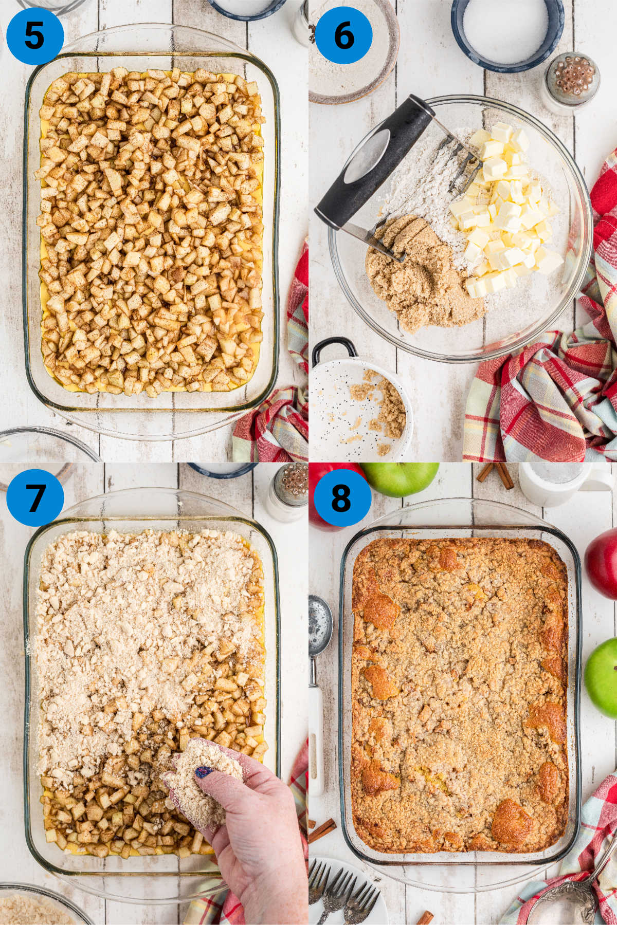Collage of four images showing how to make an apple pie cake, recipe steps 5 through 8.